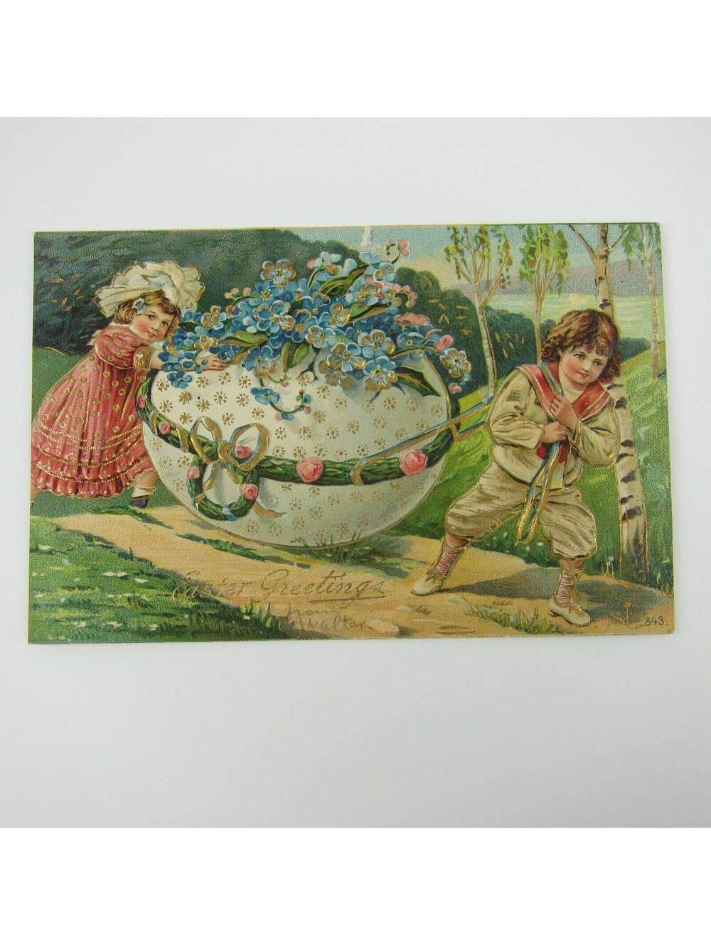 Easter Postcard Boy Sailor Suit & Girl Carry Egg Gold Gilt Embossed Antique 1908